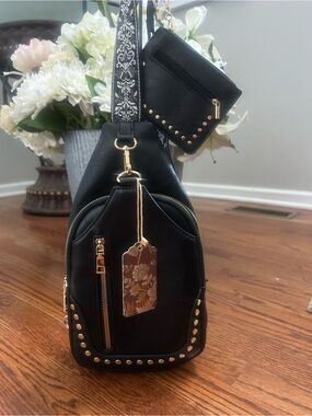 Sam & Hadley Black Faux Leather Sling Backpack Crossbody + Matching Wallet
